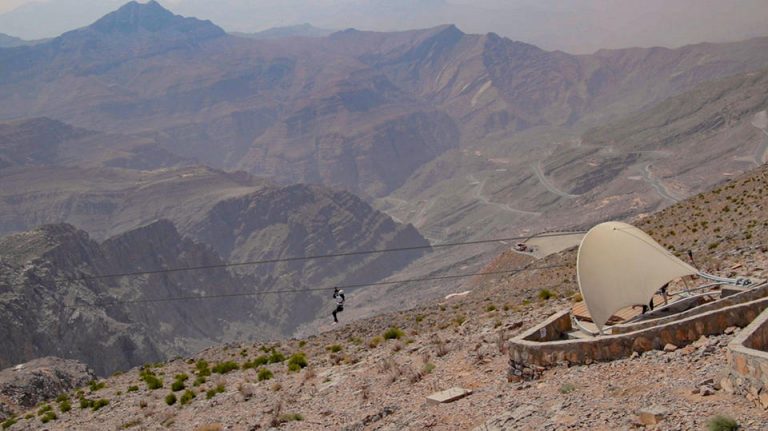 The Jebel Jais Zipline Tour features seven ziplines flying over the grand cliffs and canyons of Jebel Jais, which are connected by nine platforms.