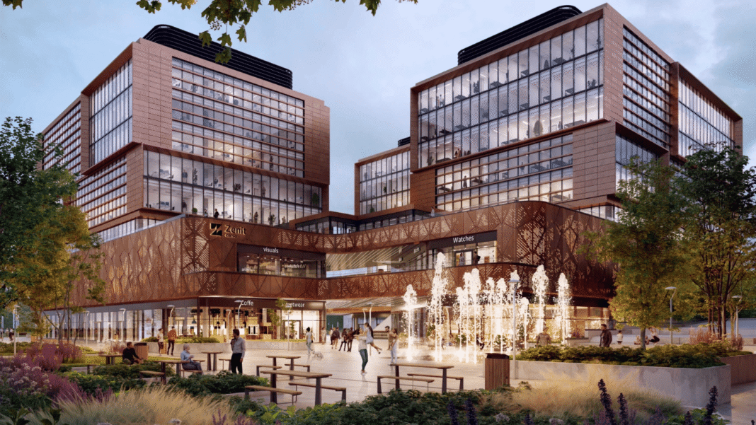 Modern shopping centre with elegant architecture.