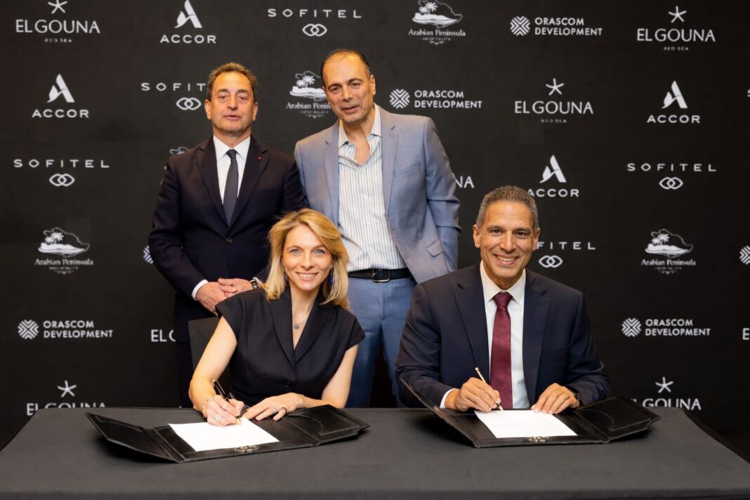 Signature Ceremony on March 30th at Sofitel Cairo Downtown Nile, seated (front row, left to right): Maud Bailly, CEO of Sofitel Legend, Sofitel, MGallery & Emblems, Accor; Mohamed Amer, CEO of El Gouna. Standing (back row, left to right): Eric Chevallier, Ambassador of France to Egypt; Ali Dayekh, President and CEO of Arabian Peninsula Hospitality.